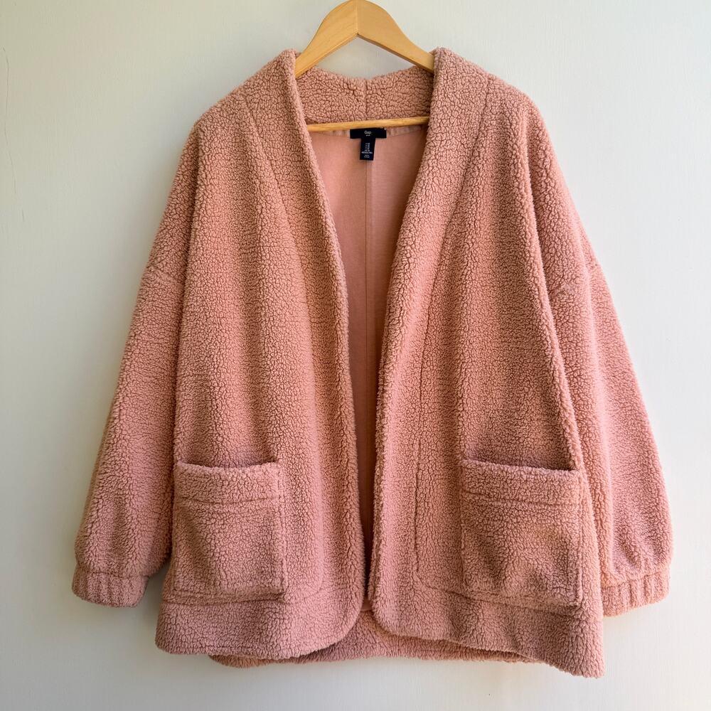Gap Pink Sherpa Fleece Open Front Cardigan Teddy Bear Jacket Coat Medium M